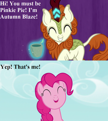 Size: 800x900 | Tagged: safe, edit, edited screencap, editor:korora, screencap, autumn blaze, pinkie pie, kirin, g4, party pooped, sounds of silence, awwtumn blaze, comic, cute, dialogue, diapinkes, food, magic aura, screencap comic, tea