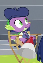 Size: 343x505 | Tagged: safe, screencap, spike, dragon, g4, horse play, chair, claws, clothes, cropped, director spike, director's chair, male, solo