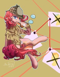 Size: 990x1280 | Tagged: safe, artist:mrdelta1, pinkie pie, earth pony, pony, g4, bubble, clothes, cute, deerstalker, detective, diapinkes, female, hat, mare, pipe, sherlock holmes, sherlock pie, solo