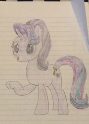 Size: 1189x1647 | Tagged: safe, artist:mr.myoozik, derpibooru exclusive, starlight glimmer, pony, unicorn, g4, blue eyes, cutie mark, eyelashes, female, hair flip, horn, lined paper, mare, open mouth, photo, smiling, starlight glimmer day, traditional art