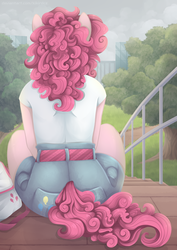 Size: 3507x4960 | Tagged: safe, artist:monnarcha, pinkie pie, earth pony, anthro, g4, absurd resolution, balloonbutt, butt, clothes, facing away, female, implied tail hole, mare, plot, rear view, sitting, tree