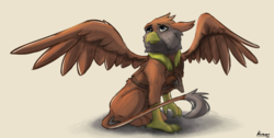 Size: 2310x1168 | Tagged: safe, artist:kam, oc, oc only, oc:peregrine, griffon, ponyfinder, commission, dungeons and dragons, griffon oc, gun, handgun, male, pen and paper rpg, revolver, rpg, simple background, solo, wings
