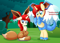 Size: 5000x3568 | Tagged: safe, artist:rainbownspeedash, oc, oc only, oc:golden brooch, oc:silver draw, eevee, nidoqueen, pony, bipedal, clothes, cosplay, costume, dialogue, female, mother and daughter, pokémon, sitting