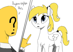 Size: 4092x2893 | Tagged: safe, artist:anonymous, oc, oc:anonymous, oc:luftkrieg, /mlpol/, anonymous, aryan, aryan pony, asking, blonde, chest fluff, comic, cute, female, filly, food, looking, nazipone, orange, pointing, question, text