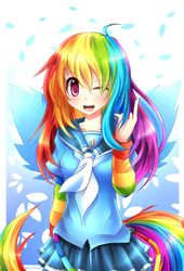 Size: 1060x1562 | Tagged: safe, artist:fenrixion, rainbow dash, human, g4, anime, blushing, clothes, colored pupils, cute, dashabetes, female, happy, humanized, moe, multicolored hair, one eye closed, pixiv, pleated skirt, skirt, smiling, solo, tailed humanization, uniform, winged humanization, wings, wink