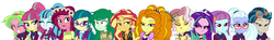 Size: 3554x522 | Tagged: safe, artist:mit-boy, artist:mixiepie, edit, editor:biggernate91, adagio dazzle, aria blaze, gloriosa daisy, indigo zap, juniper montage, lemon zest, sonata dusk, sour sweet, sugarcoat, sunny flare, sunset shimmer, vignette valencia, wallflower blush, equestria girls, g4, crystal prep shadowbolts, line-up, the dazzlings