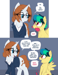 Size: 1892x2465 | Tagged: safe, artist:shinodage, oc, oc only, oc:apogee, oc:diamond gavel, pegasus, pony, unicorn, brush, clothes, comic, cute, diageetes, dialogue, eye clipping through hair, female, filly, freckles, glasses, heck, looking at each other, mare, mouth hold, ocbetes, open mouth, speech bubble, suit, weapons-grade cute