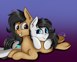 Size: 1000x800 | Tagged: safe, artist:luriel maelstrom, oc, oc only, oc:frostie, oc:sketcher, earth pony, pony, cuddling, cute, looking at each other, signature, simple background, smiling