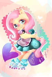 Size: 460x680 | Tagged: safe, artist:naginiko, fluttershy, pony, coinky-dink world, equestria girls, g4, my little pony equestria girls: summertime shorts, accessory swap, bipedal, clothes, cute, dress, equestria girls ponified, female, heart, looking at you, pink background, ponified, roller skates, shyabetes, simple background, solo