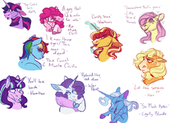 Size: 7000x5000 | Tagged: safe, artist:uunicornicc, applejack, fluttershy, pinkie pie, rainbow dash, rarity, starlight glimmer, sunset shimmer, trixie, twilight sparkle, pony, unicorn, g4, bust, colored sketch, eyes closed, female, mane six, mare, simple background, smiling, white background
