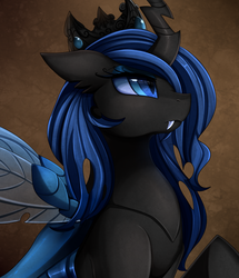 Size: 1722x2003 | Tagged: safe, artist:pridark, oc, oc only, oc:queen lahmia, changeling, changeling queen, blue changeling, bust, changeling oc, changeling queen oc, commission, fangs, female, portrait, raised hoof, solo