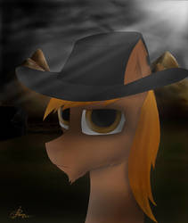 Size: 1024x1212 | Tagged: safe, artist:raminy, oc, oc only, oc:calamity, pegasus, pony, fallout equestria, fallout equestria: vivat littlepip, game: fallout equestria: remains, bust, cloud, cloudy, dashite, fanfic, fanfic art, hat, male, portrait, solo, stallion, wasteland
