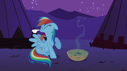 Size: 1920x1080 | Tagged: safe, edit, edited screencap, screencap, rainbow dash, pony, g4, over a barrel, boop, bowl, cartoon glove, female, night, noseboop, solo, tent