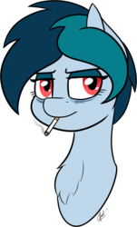 Size: 1008x1669 | Tagged: safe, artist:seafooddinner, oc, oc only, oc:delta vee, pegasus, pony, bust, chest fluff, cigarette, female, looking at you, mare, red eyes, simple background, smoking, transparent background