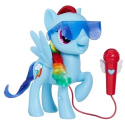 Size: 488x488 | Tagged: safe, rainbow dash, pegasus, pony, g4, my little pony: the movie, official, female, figure, glasses, hair, hasbro, irl, merchandise, microphone, multicolored hair, photo, rainbow hair, simple background, singing raindow dash, smiling, sunglasses, toy, white background, wings