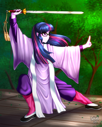 Size: 3600x4500 | Tagged: safe, artist:danmakuman, part of a set, sci-twi, twilight sparkle, human, equestria girls, g4, absurd resolution, clothes, commission, female, glasses, jian, martial arts, practice, solo, sword, tai chi, taijiquan, weapon, wushu