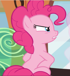 Size: 870x942 | Tagged: safe, screencap, pinkie pie, earth pony, pony, g4, party pooped, cropped, female, glare, hooves on hips, mare, narrowed eyes, rear view, sitting, solo, train