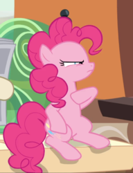 Size: 649x846 | Tagged: safe, screencap, pinkie pie, earth pony, pony, g4, party pooped, cropped, female, hoof on chest, mare, narrowed eyes, sitting, solo, train