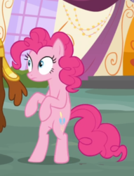 Size: 428x561 | Tagged: safe, screencap, pinkie pie, earth pony, pony, g4, party pooped, bipedal, cropped, female, mare, nervous, solo focus, wide eyes