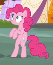 Size: 433x531 | Tagged: safe, screencap, pinkie pie, earth pony, pony, g4, party pooped, bipedal, cropped, female, looking up, mare, nervous, solo, wide eyes