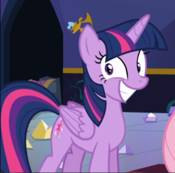 Size: 810x796 | Tagged: safe, screencap, twilight sparkle, alicorn, pegasus, pony, g4, party pooped, big smile, cropped, female, mare, offscreen character, smiling, solo focus, teeth, twilight sparkle (alicorn)