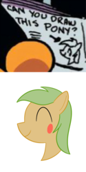 Size: 500x1000 | Tagged: safe, artist:mightyshockwave, idw, applejack, oc, g4, spoiler:comic, spoiler:comic76, blushing, challenge, eyes closed, newspaper, smiling
