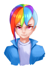 Size: 2000x3000 | Tagged: dead source, safe, artist:pino曹曹, rainbow dash, human, g4, alternate hairstyle, clothes, female, high res, humanized, looking at you, shirt, short hair, simple background, solo, white background