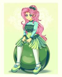 Size: 3400x4200 | Tagged: safe, artist:lucy-tan, fluttershy, equestria girls, g4, my little pony equestria girls: better together, so much more to me, clothes, commission, cute, dress, female, full body, high res, inflatable, shyabetes, smiling, solo, space hopper