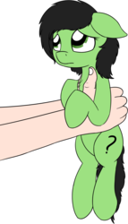 Size: 851x1488 | Tagged: safe, artist:czaroslaw, oc, oc:filly anon, human, pony, chest fluff, female, filly, holding a pony, offscreen character, offscreen human, puppy dog eyes, simple background, transparent background