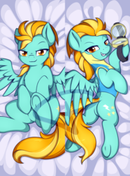 Size: 430x580 | Tagged: safe, artist:theparagon, lightning dust, pegasus, pony, g4, bed, bedroom eyes, best pony, blanket, body pillow, body pillow design, butt, clothes, commission, cute, dustabetes, female, goggles, grin, hooves, looking at you, looking back, looking back at you, lying down, mare, plot, rear view, sexy, smiling, solo, spread legs, spreading, sunglasses, underhoof, uniform, watermark, wonderbolts, wonderbolts uniform, yellow eyes