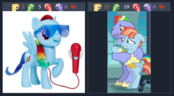 Size: 449x249 | Tagged: safe, screencap, bow hothoof, rainbow dash, windy whistles, pegasus, pony, derpibooru, g4, my little pony: the movie, parental glideance, cutie mark, female, glasses, husband and wife, juxtaposition, male, merchandise, meta, simple background, smiling, toy, wings
