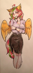 Size: 901x2004 | Tagged: safe, artist:serodart, oc, oc only, oc:mollydv, human, pegasus, breasts, cleavage, clothes, eared humanization, eyebrow slit, eyebrows, female, humanized, smiling, solo, tailed humanization, traditional art, watch, winged humanization, wings, wristwatch