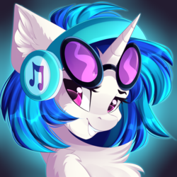 Size: 2449x2449 | Tagged: safe, artist:airiniblock, dj pon-3, vinyl scratch, pony, unicorn, rcf community, g4, chest fluff, commission, ear fluff, female, grin, headphones, high res, horn, looking at you, mare, simple background, smiling, smiling at you, solo, sunglasses, vinyl's glasses, vinyl's headphones