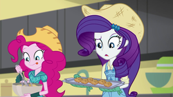 Size: 1920x1080 | Tagged: safe, screencap, pinkie pie, rarity, equestria girls, equestria girls specials, g4, my little pony equestria girls: dance magic, apple fritter (food), baking, baking sheet, bowl, cowboy hat, discovery family logo, egg beater, food, hat, imagine spot, mixer, mixing bowl, oven mitts, overalls, rarihick, surprised, tongue out