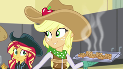 Size: 1920x1080 | Tagged: safe, screencap, applejack, sunset shimmer, equestria girls, equestria girls specials, g4, my little pony equestria girls: dance magic, apple fritter (food), baking, baking sheet, cowboy hat, cowgirl, cute, discovery family logo, food, hat, imagine spot, jackabetes, oven mitt, oven mitts, shimmerbetes, smiling, stetson