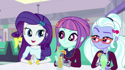 Size: 1920x1080 | Tagged: safe, screencap, rarity, sugarcoat, sunny flare, equestria girls, equestria girls specials, g4, my little pony equestria girls: dance magic, bow, bracelet, clothes, crystal prep academy uniform, cute, discovery family logo, drink, drinking straw, female, food, glasses, jewelry, orange, pigtails, raribetes, school uniform, smiling, sunny flare's wrist devices, trio, trio female, twintails