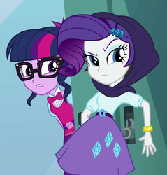 Size: 921x962 | Tagged: safe, screencap, rarity, sci-twi, twilight sparkle, equestria girls, equestria girls specials, g4, my little pony equestria girls: dance magic, bowtie, bracelet, clothes, cropped, crystal prep academy, duo, duo female, female, glasses, jewelry, lockers, ponytail, raised eyebrow, shawl, spying