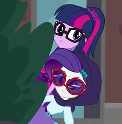 Size: 1062x1077 | Tagged: safe, screencap, rarity, sci-twi, twilight sparkle, equestria girls, equestria girls specials, g4, my little pony equestria girls: dance magic, barrette, clothes, cropped, duo, duo female, female, glasses, ponytail, shawl, spying, sunglasses