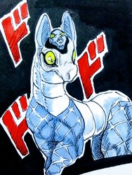 Size: 1836x2445 | Tagged: safe, artist:pantheracantus, pony, angry, black background, colored, epitaph (stand), jojo's bizarre adventure, king crimson, simple background, stand, traditional art