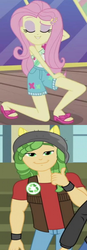 Size: 466x1332 | Tagged: safe, edit, edited screencap, screencap, flash sentry, fluttershy, sandalwood, equestria girls, equestria girls series, g4, my little pony equestria girls: friendship games, spoiler:eqg series (season 2), clothes, cropped, female, male, offscreen character, right there in front of me, sandals, sandalshy, shipping, shipping domino, shorts, shoulderless, straight