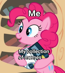 Size: 1080x1209 | Tagged: safe, edit, edited screencap, editor:apex soundwave, screencap, pinkie pie, earth pony, pony, baby cakes, g4, bipedal, book, caption, cropped, diaper, female, golden oaks library, image macro, meme, solo, text