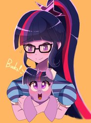 Size: 735x999 | Tagged: safe, artist:erufi, sci-twi, twilight sparkle, alicorn, pony, equestria girls, g4, my little pony equestria girls: better together, book, cute, female, glasses, holding a pony, mare, solo, that pony sure does love books, twiabetes