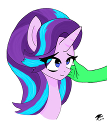 Size: 3600x4200 | Tagged: safe, artist:radiancebreaker, starlight glimmer, oc, oc:anon, pony, unicorn, g4, :3, bust, female, mare, offscreen character, portrait, simple background, smiling, solo, starlight glimmer day, white background