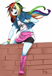 Size: 737x1069 | Tagged: safe, artist:sa-eku, rainbow dash, equestria girls, g4, boots, brick wall, clothes, female, looking at you, open mouth, shoes, simple background, smiling, solo, white background