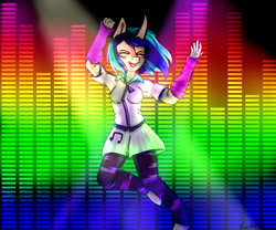 Size: 1200x1000 | Tagged: safe, artist:crazysurprise, dj pon-3, vinyl scratch, anthro, unguligrade anthro, g4, clothes, dancing, equestria girls outfit, eyes closed, female, rainbow background, solo, vu meter