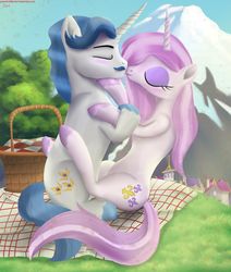 Size: 4401x5199 | Tagged: safe, artist:greenbrothersart, fancypants, fleur-de-lis, pony, unicorn, g4, duo, eyes closed, female, holding hooves, kissing, love, male, mare, mountain, picnic, scenery, ship:fancyfleur, shipping, sky, stallion, straight, tree