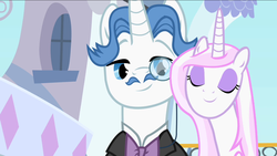 Size: 1136x640 | Tagged: safe, screencap, fancypants, fleur-de-lis, pony, unicorn, g4, sweet and elite, duo, eyes closed, female, male, mare, smiling, stallion