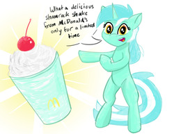 Size: 3300x2550 | Tagged: safe, artist:pegaplex, lyra heartstrings, pony, unicorn, g4, bipedal, female, glowing, high res, looking at you, mcdonald's, meme, open mouth, shamrock shake, simple background, solo, speech bubble, three quarter view, white background, word bubble