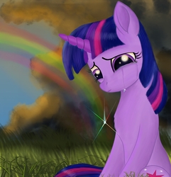 Size: 3270x3390 | Tagged: safe, artist:greenbrothersart, twilight sparkle, pony, unicorn, g4, cloud, cloudy, crying, female, grass, high res, mare, rainbow, sad, sitting, solo, song reference, unicorn twilight