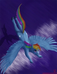 Size: 3699x4799 | Tagged: safe, artist:greenbrothersart, rainbow dash, pegasus, pony, g4, both cutie marks, female, flying, mare, night, reflection, shadow, solo, unshorn fetlocks, water, wings